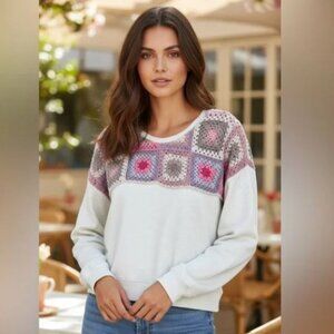 Lucky Brand Granny Square Crochet Yoke Pullover Sweatshirt | Boho Cottagecore